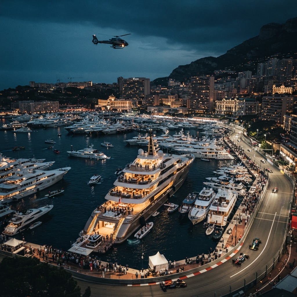 Superyachts in Port Hercule at dusk during the Monaco Grand Prix weekend