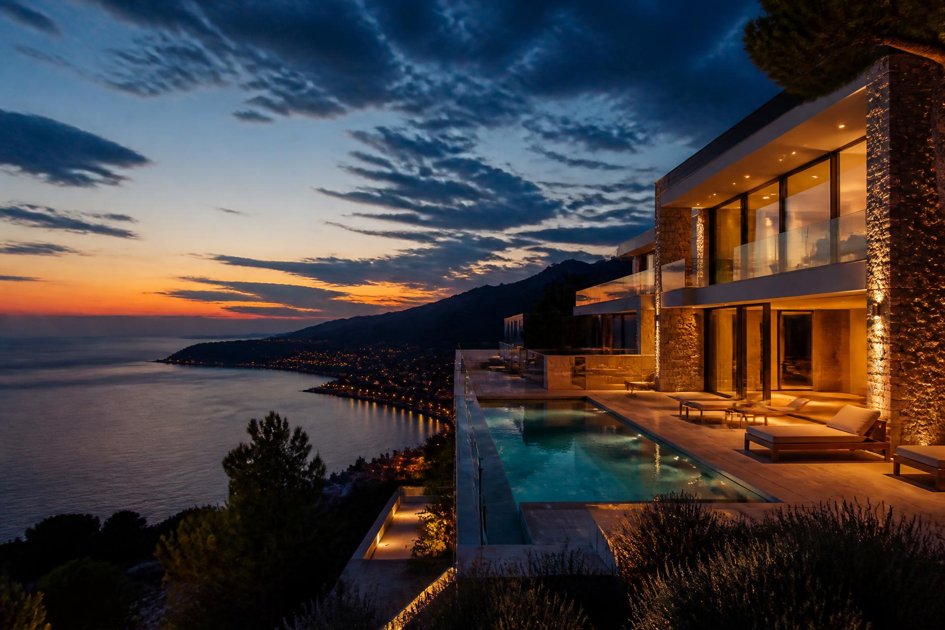 Luxury cliffside villa on the Croatian coast at dusk