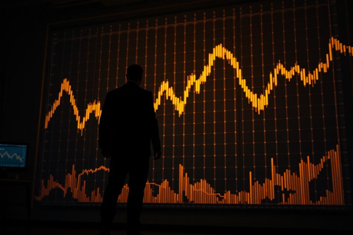 Trader in front of a large glowing candlestick chart