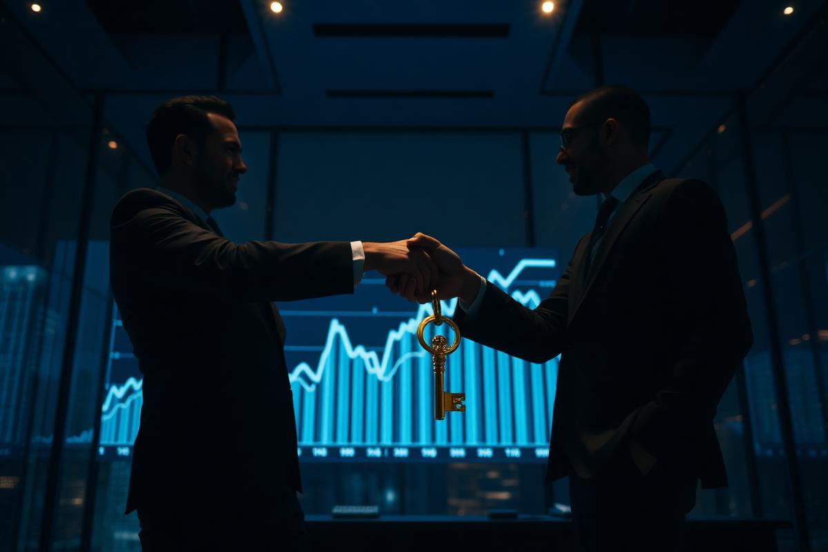 Two traders shaking hands over a golden key